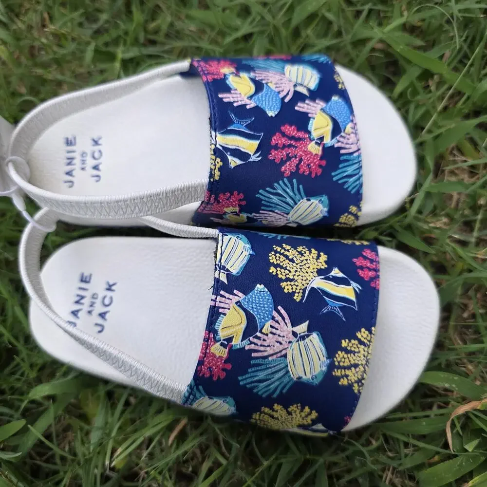 NWT Janie and Jack Fish & Coral Print Blue Pool Slide Sandals Toddler SZ 7
